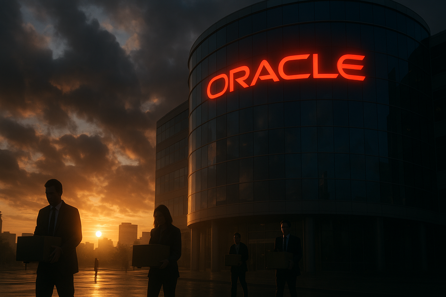 Oracle Corporation headquarters building at sunset with employees carrying boxes after layoffs 2025, representing Oracle job cuts and restructuring in the tech industry.